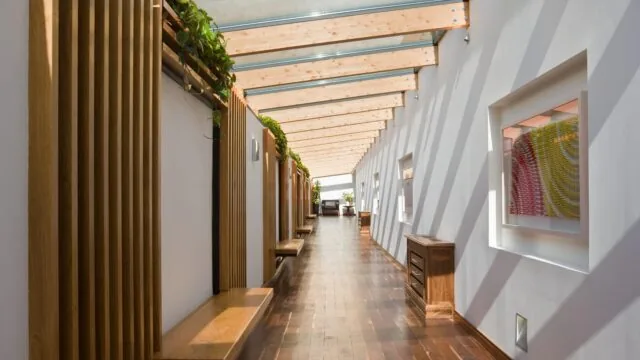Bright wooden corridor with modern art and plants, leading to comfortable seating. Relaxing hotel ambience.