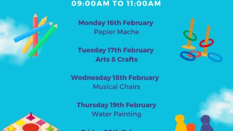 Kids club schedule listing free morning activities from 16th to 21st February, including arts and crafts, papier mache, musical chairs, water painting, and colouring.