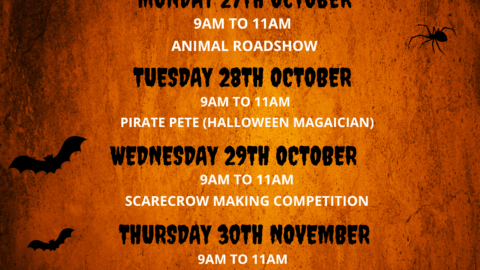 Poster for Halloween Kids' Club listing morning activities from October 25 to November 1, including arts and crafts, animal roadshow, magician, and scarecrow making.
