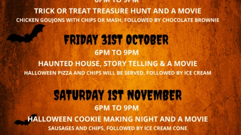 Halloween Kids Club event poster listing evening activities from October 30th to November 1st, including movies, food, and crafts for children aged 4 and up.