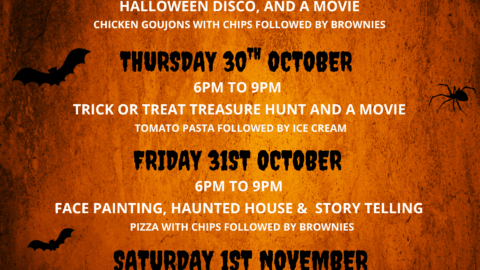 A Halloween kids club event poster lists evening activities, meal options, dates, times, price per child, and age suitability on a Halloween-themed background with bats and spider webs.