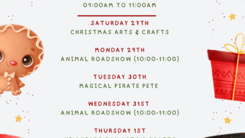 Festive Christmas Kids Club poster listing daily themed activities from December 27th to January 3rd, including arts, crafts, shows, face painting, and special guests.