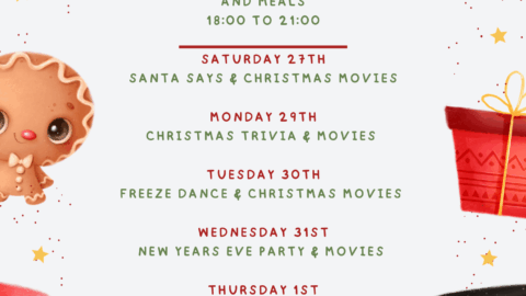 Festive Christmas Kids Club schedule listing themed activities and movies from December 27th to January 3rd, with cartoon holiday characters and decorations around the border.
