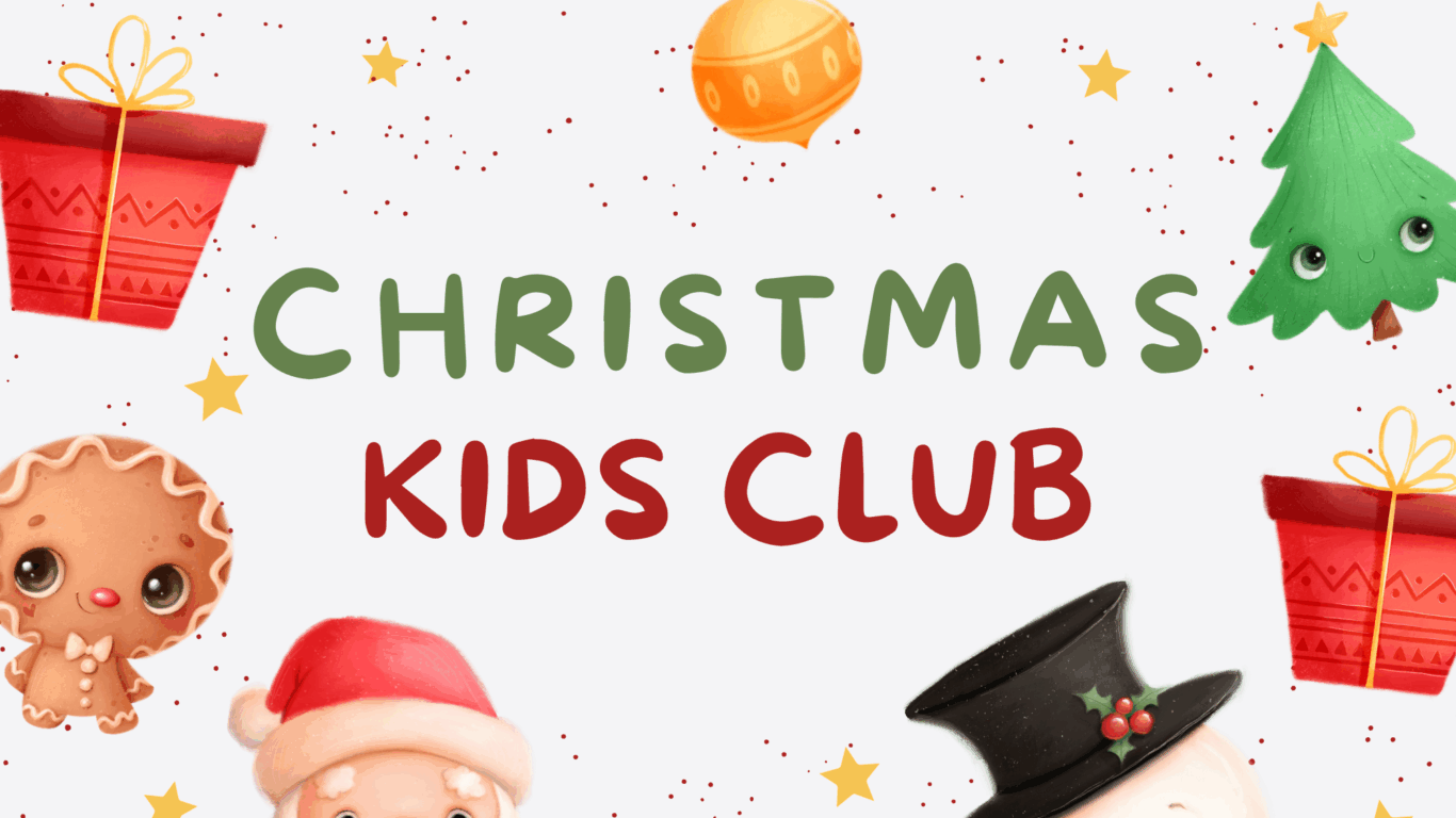 Illustrated Christmas-themed poster with gifts, a tree, gingerbread, Santa, and a snowman surrounding the text 