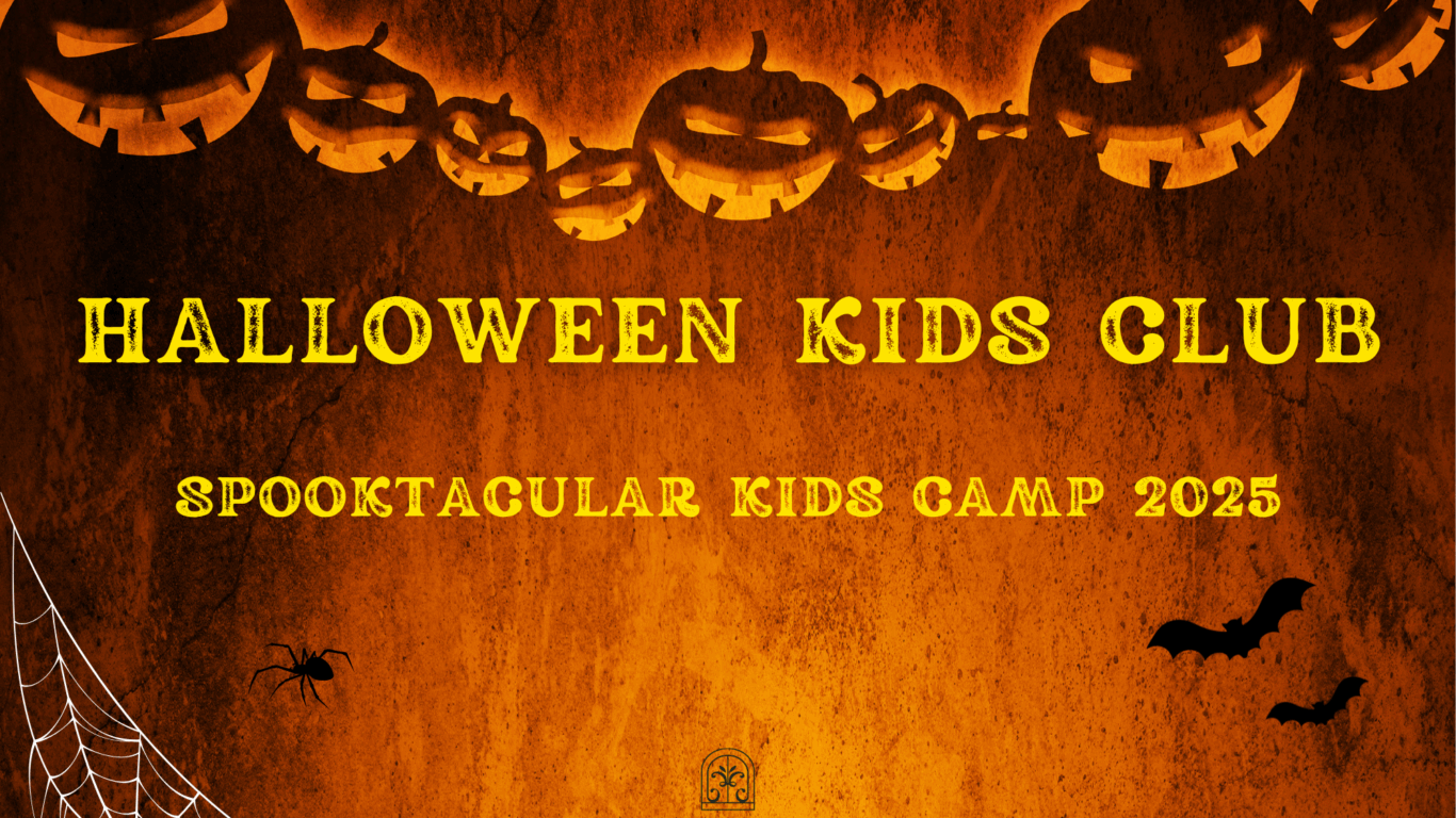 Orange Halloween-themed poster with jack-o'-lanterns, bats, and a spider web. Text reads: 