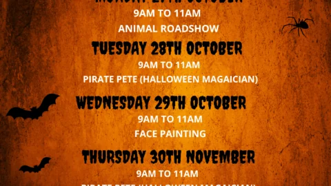 Halloween Kids Club event schedule listing various activities with dates and times, including arts and crafts, animal roadshow, magician shows, and face painting, on a Halloween-themed background.