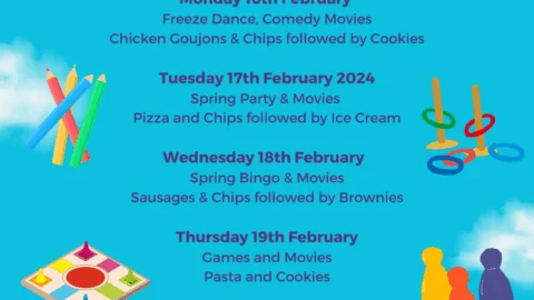 Colorful Kids Club activity schedule with themed evening events, meals, and treats listed from Monday 16th to Saturday 21st February against a bright, playful, floral background.