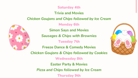Easter Kids Club activities schedule with games, movies, and themed treats. Colourful Easter illustrations and playful design.