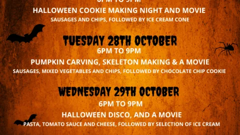 Halloween Kids Club poster listing evening activities for children from October 27–29, with crafts, movies, meals, and a daily fee of £25. Marble pumpkin and spider web decorations in background.