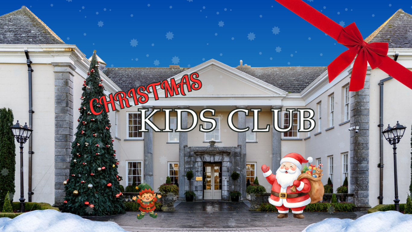 Charming hotel entrance with Christmas decorations, kids club, festive tree, Santa, snowy scene, welcoming family atmosphere.