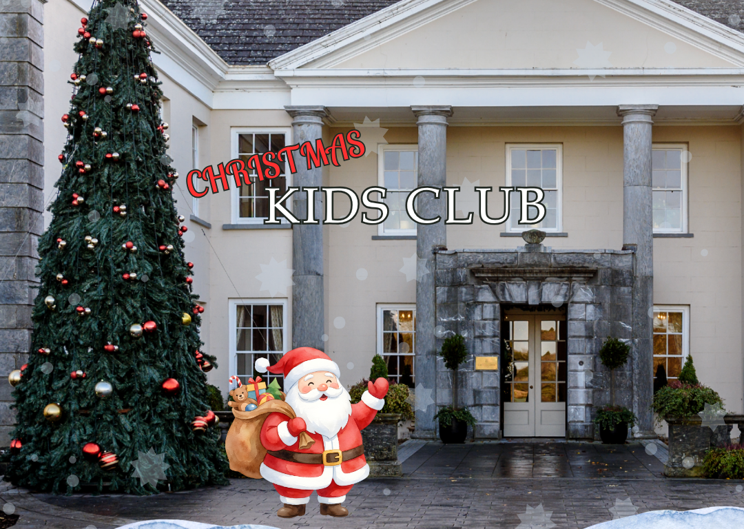 Elegant hotel entrance with festive Christmas tree and Santa, highlighting family-friendly Kids Club activities.