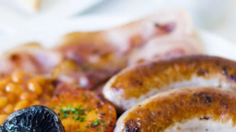 Close-up photo of full english breakfast.
