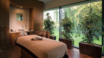 Luxurious spa room with massage table, large windows with garden view, serene plants, and elegant wooden decor.