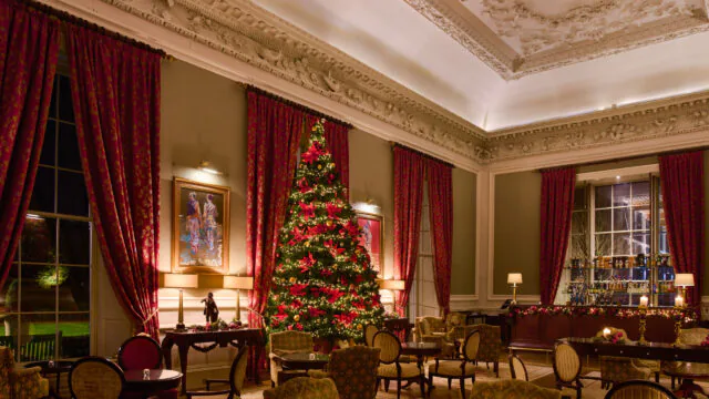 Elegant hotel lounge with Christmas tree, ornate ceiling, plush seating, and festive decor for a cosy holiday experience.