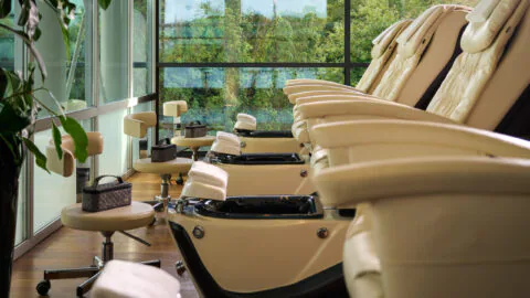 Luxurious spa lounge with plush massage chairs and serene garden view through large windows, promising ultimate relaxation.