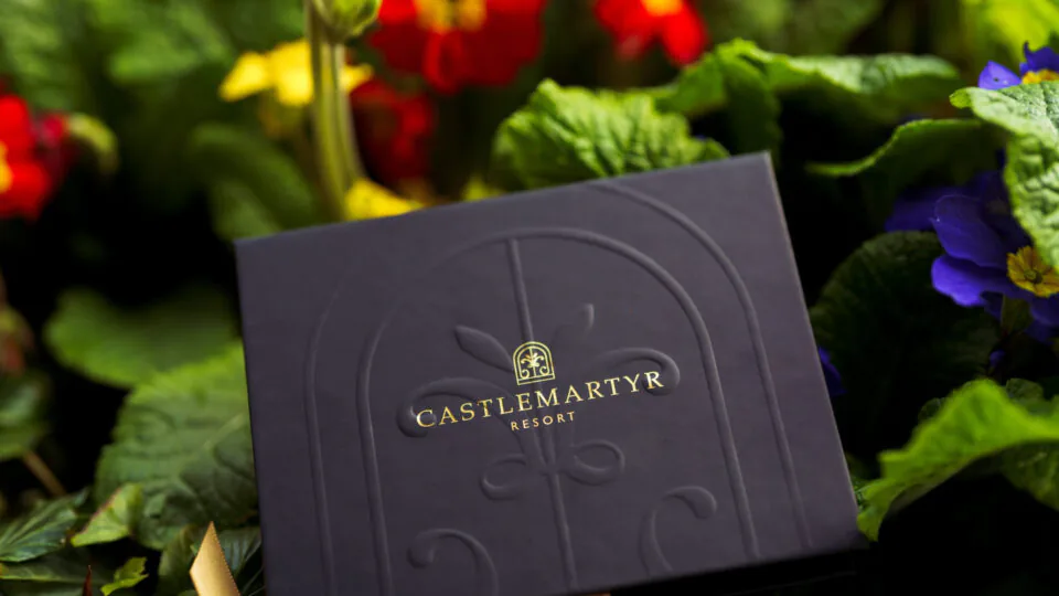 Luxurious Castlemartyr Resort gift box amidst vibrant red, yellow, and purple flowers, highlighting elegance and nature.