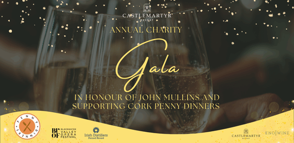 Three people clink champagne glasses at the Castlemartyr Resort Annual Charity Gala, honoring John Mullins and supporting Cork Penny Dinners. Event and sponsor logos are displayed.