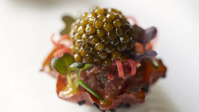 Exquisite fine dining dish with caviar and microgreens on elegant white plate, showcasing luxury hotel culinary delights.