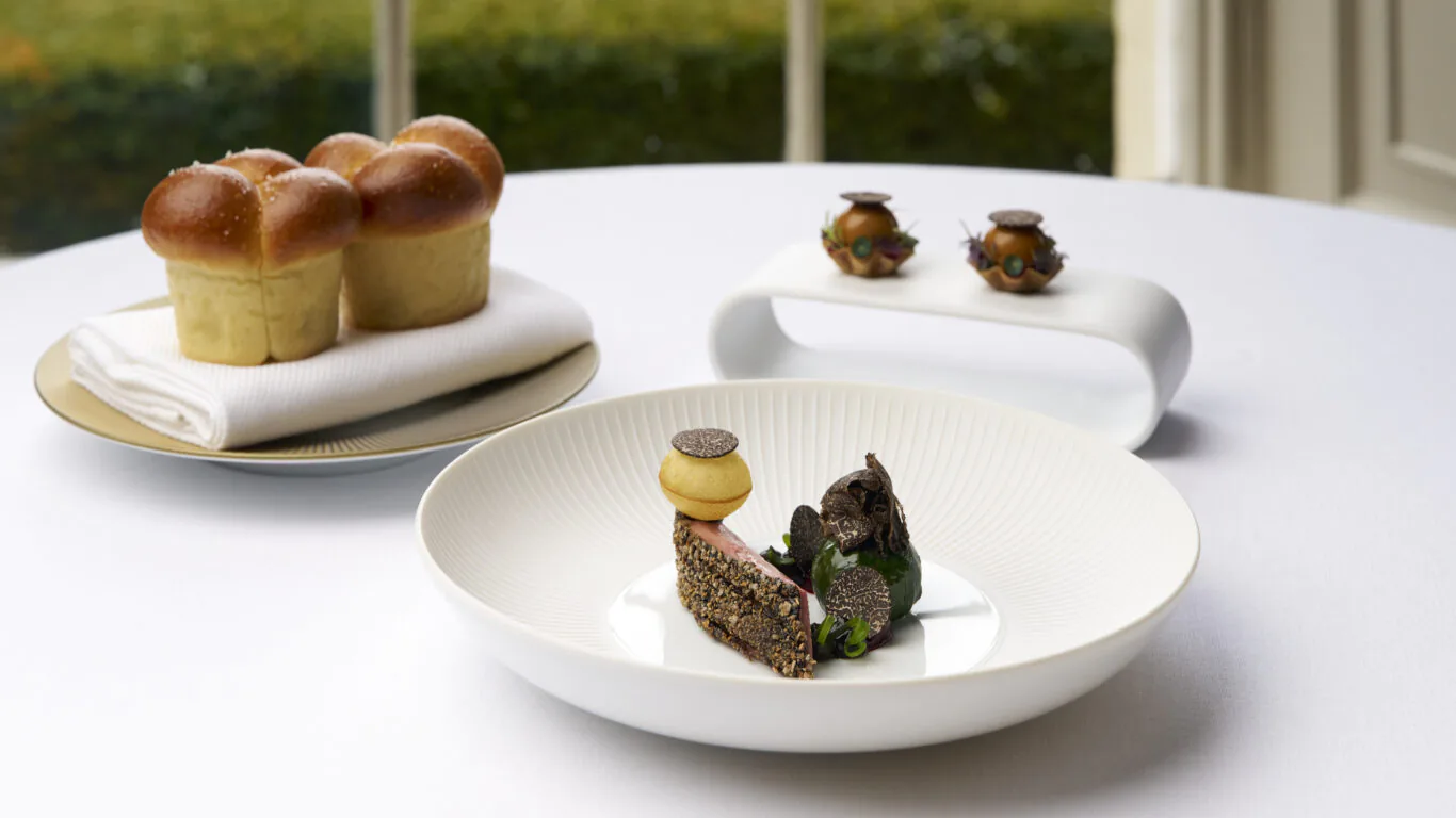 Elegant gourmet dish with brioche bread and truffle garnish at luxury hotel restaurant, overlooking lush garden view.