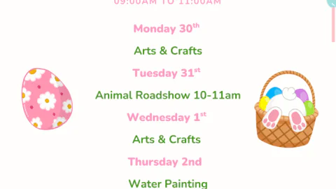 Easter Kids Club schedule with colorful eggs, chick, bunny, highlighting arts, crafts, and animal roadshow activities.