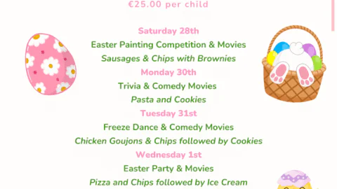 Easter Kids Club schedule with activities, crafts, and themed meals from 28th March to 3rd April for hotel guests.
