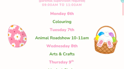 Easter Kids Club schedule with playful chick and bunny illustrations, offering morning activities like arts and crafts.