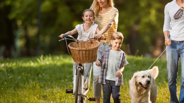 Family enjoys a sunny stroll in a lush hotel garden with their dog, perfect for pet-friendly holidays and outdoor activities.