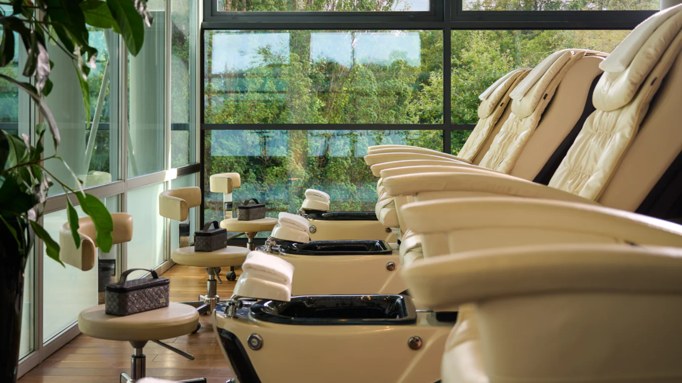 Luxurious spa chairs with garden view in sunlit room, offering relaxation and rejuvenation at our hotel spa.