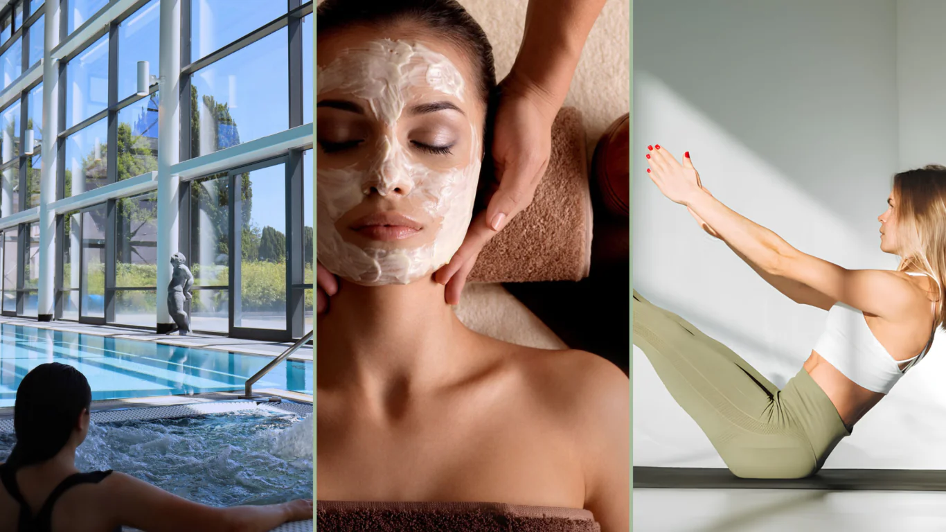 Luxurious hotel spa with indoor pool, facial spa treatment, and serene yoga session; enjoy relaxation and wellness.