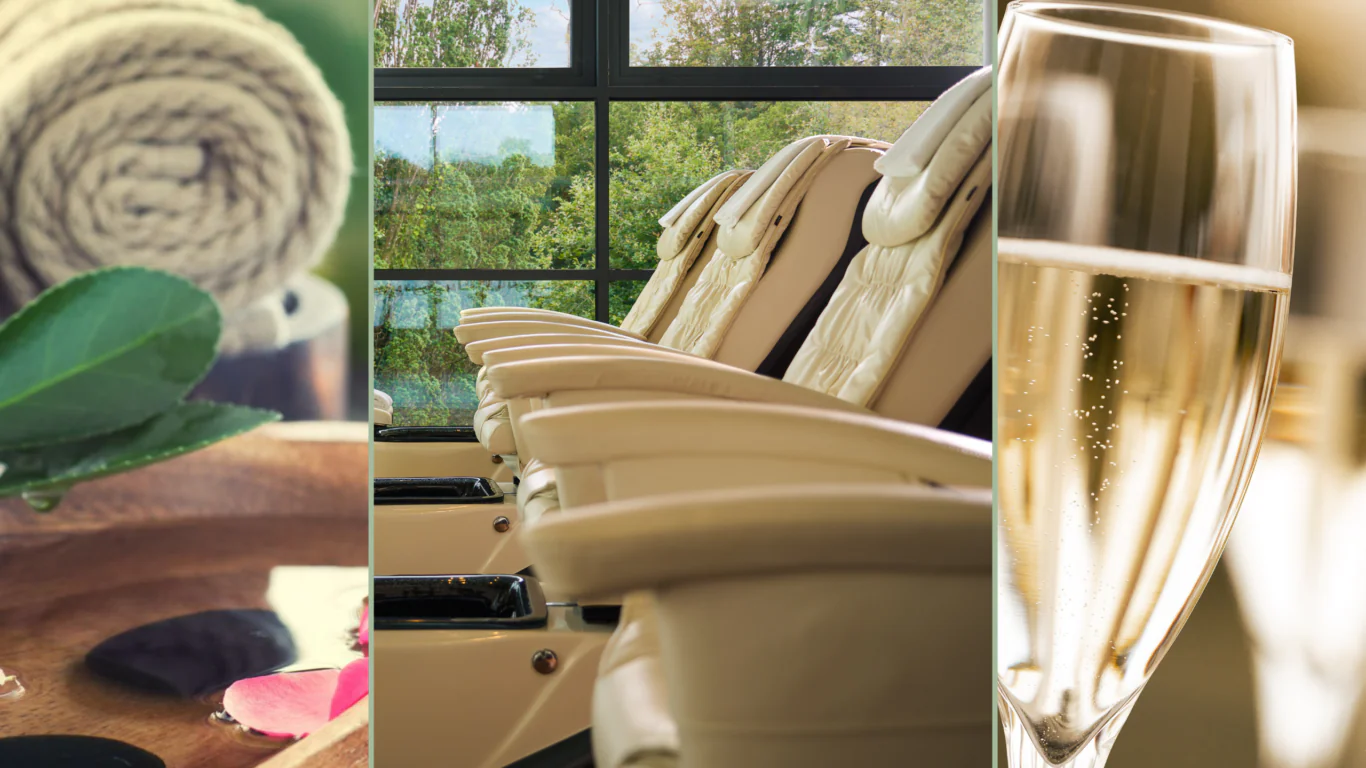 Relax in luxury spa chairs with garden views, surrounded by soothing decor and enjoy a glass of sparkling wine.