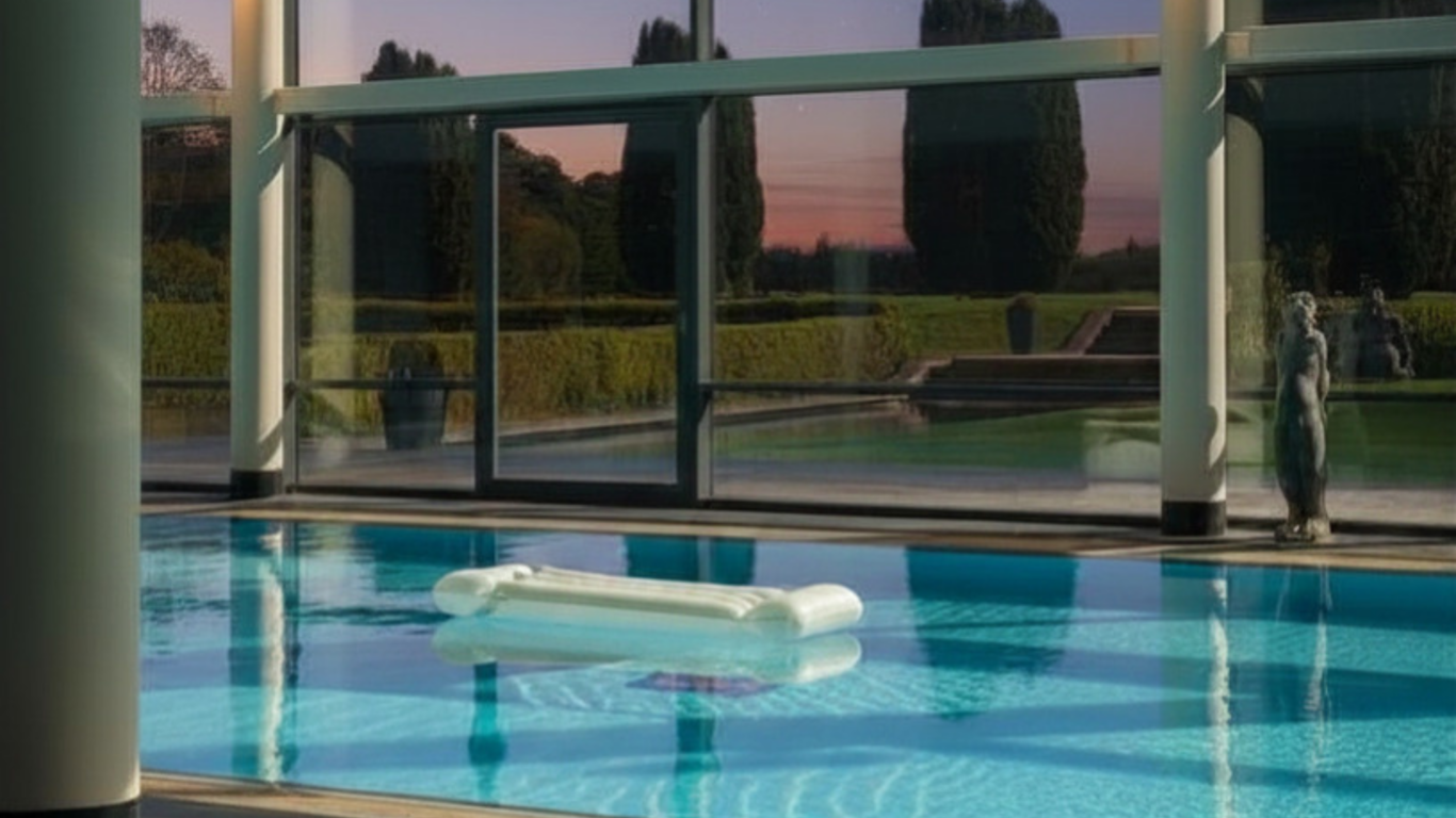 Luxurious indoor pool with serene garden views at sunset, offering relaxation and comfort in a tranquil hotel setting.