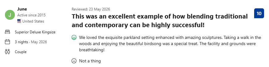 Guest review highlights superior deluxe kingsize room in stunning parkland with sculptures and serene walks.