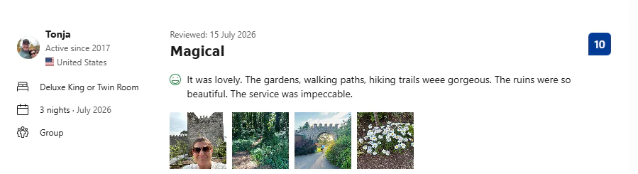Enchanting gardens and historic ruins with scenic walking paths at luxury hotel, offering impeccable service and deluxe rooms.