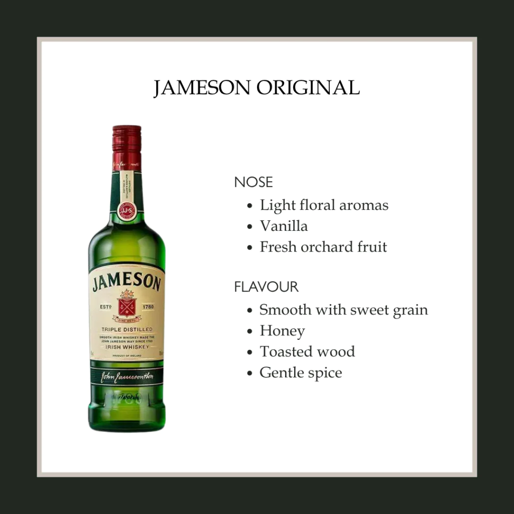 Jameson Original Bottle of Jameson Irish whiskey with notes of floral, vanilla, and hints of honey and spice flavour.