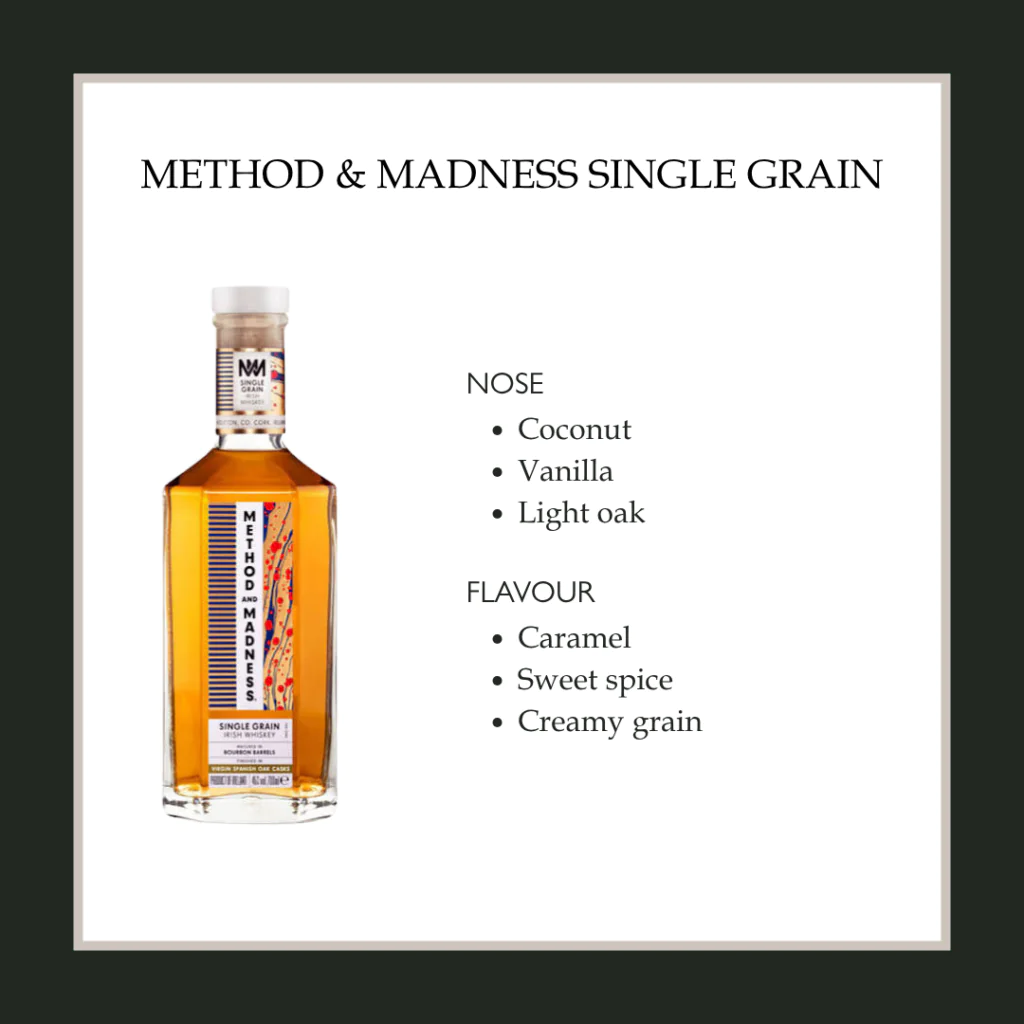 Method & Madness Single Grain Bottle of Method & Madness Single Grain whiskey with notes of coconut and vanilla, offering creamy caramel flavour.