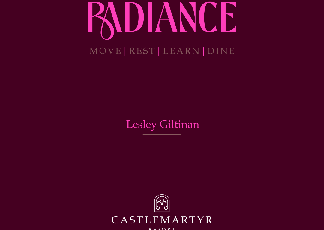 Elegant promotional poster for Castlemartyr Resort featuring 'Radiance' wellness programme details on a burgundy background.