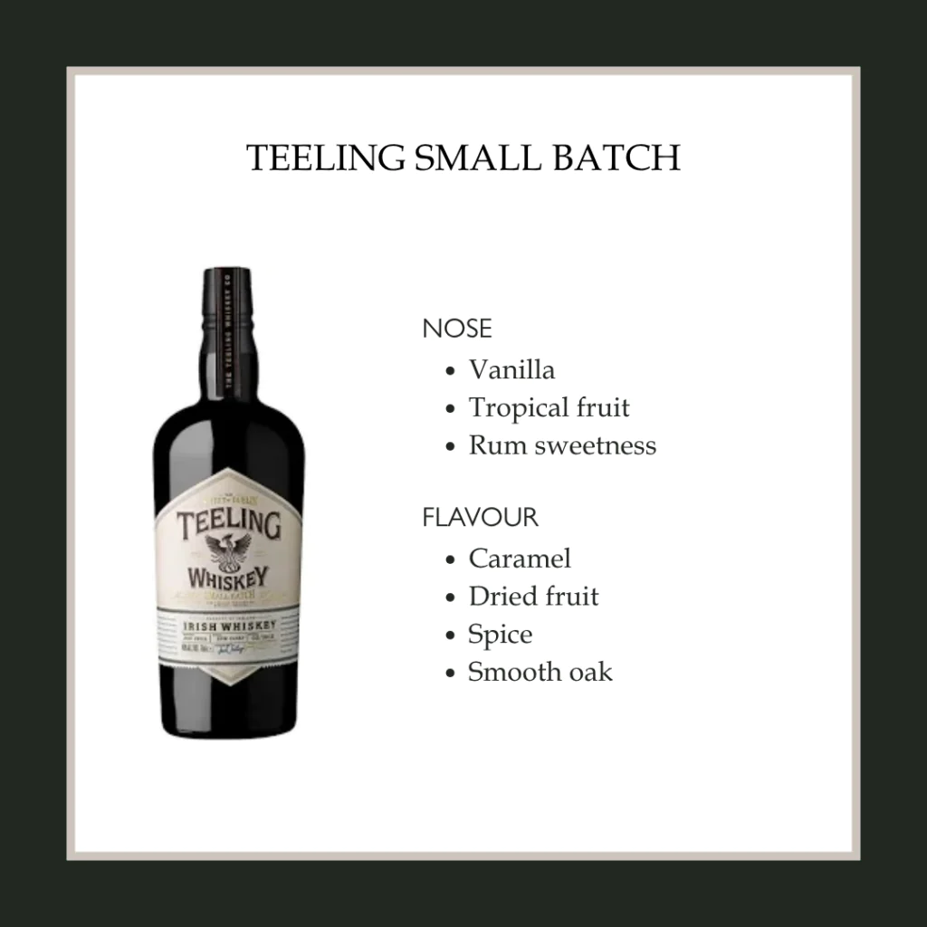 Teeling Small Batch Teeling Small Batch whiskey bottle with notes of vanilla, tropical fruit, and spice, showcasing luxury and flavour.